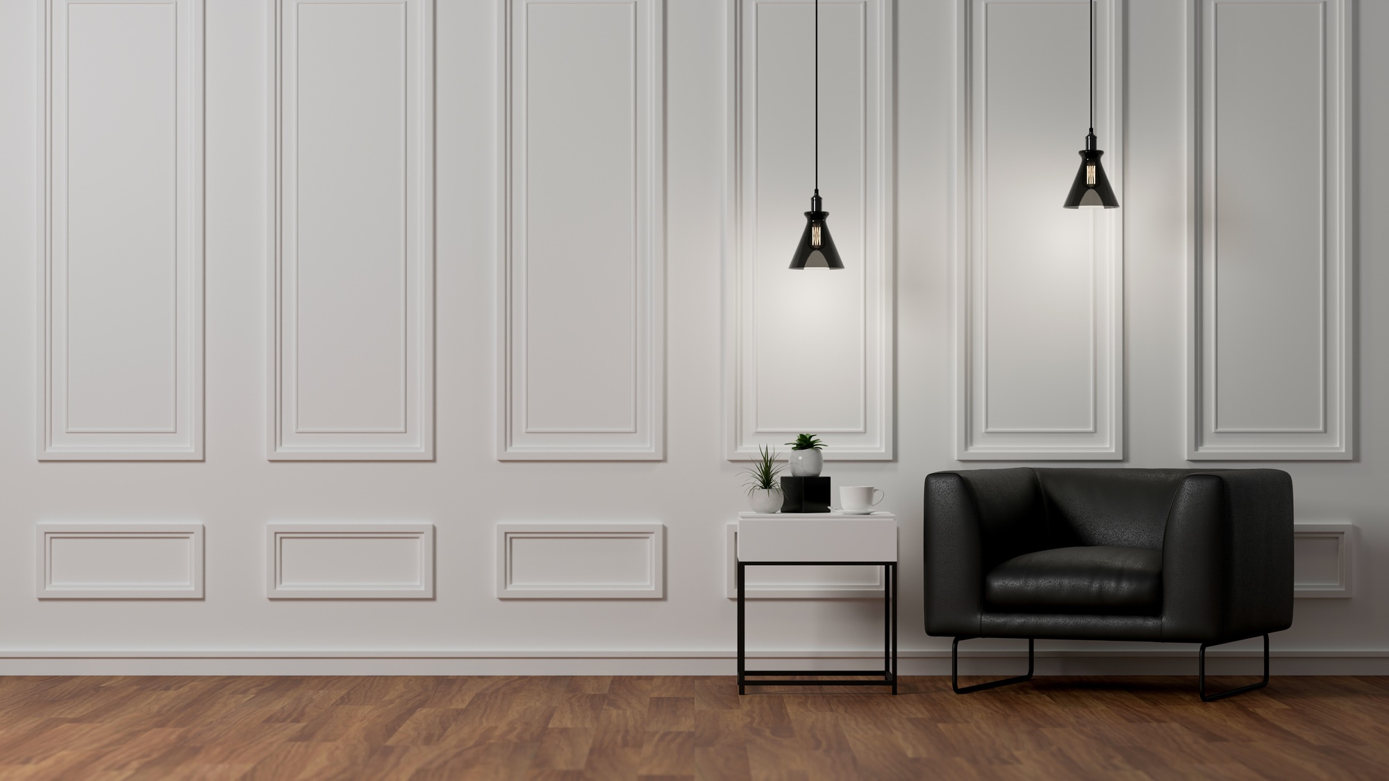 Modern classic elegance living room with black leather chair over white wall panels.